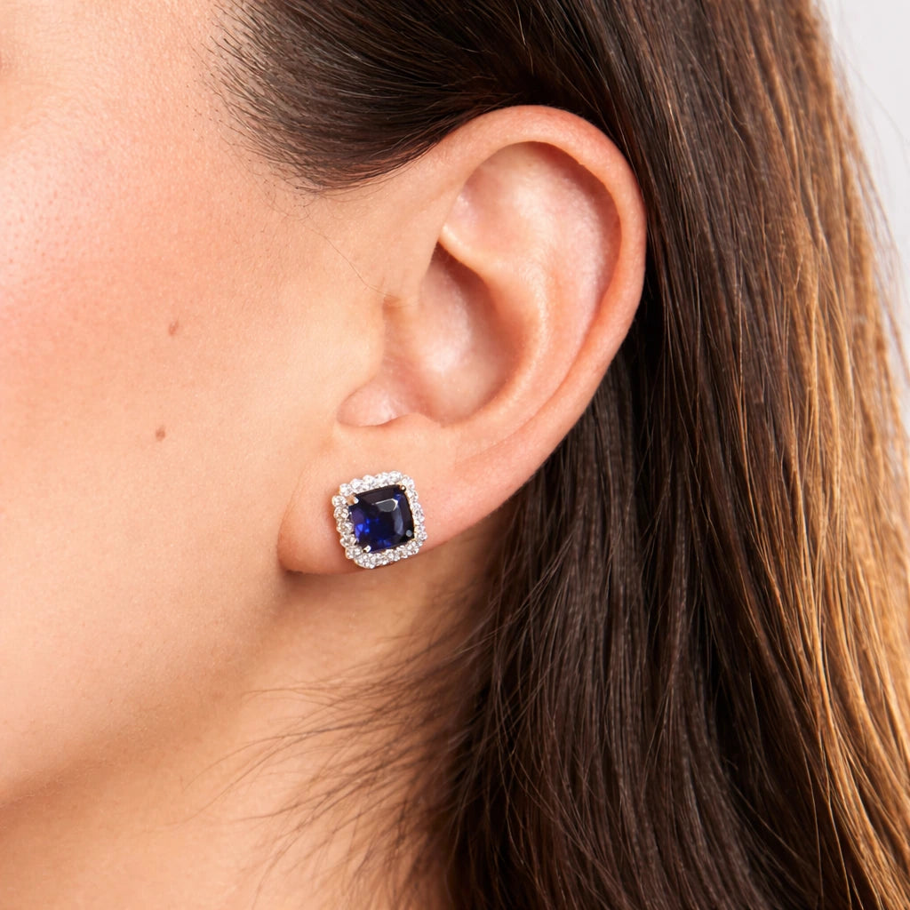 Studs Blue Sapphire Cushion Halo