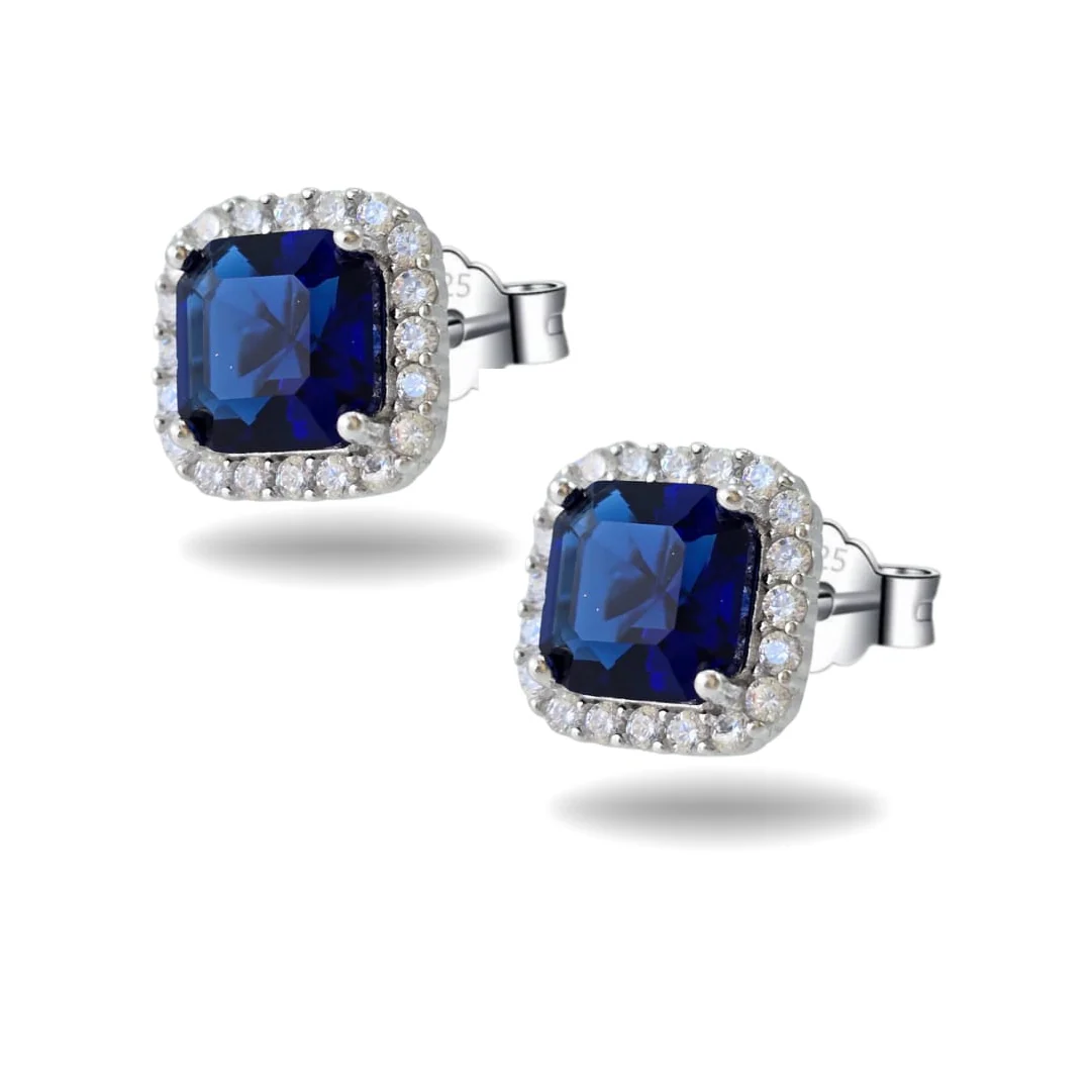 Studs Blue Sapphire Cushion Halo