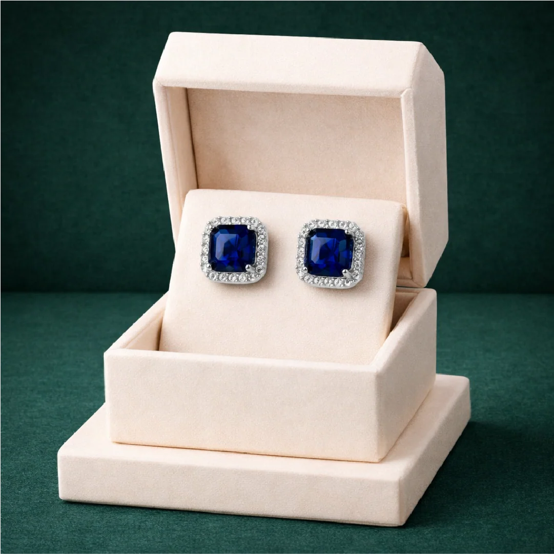 Studs Blue Sapphire Cushion Halo