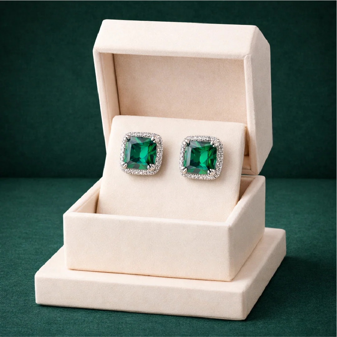 Studs Green Sapphire Cushion Halo