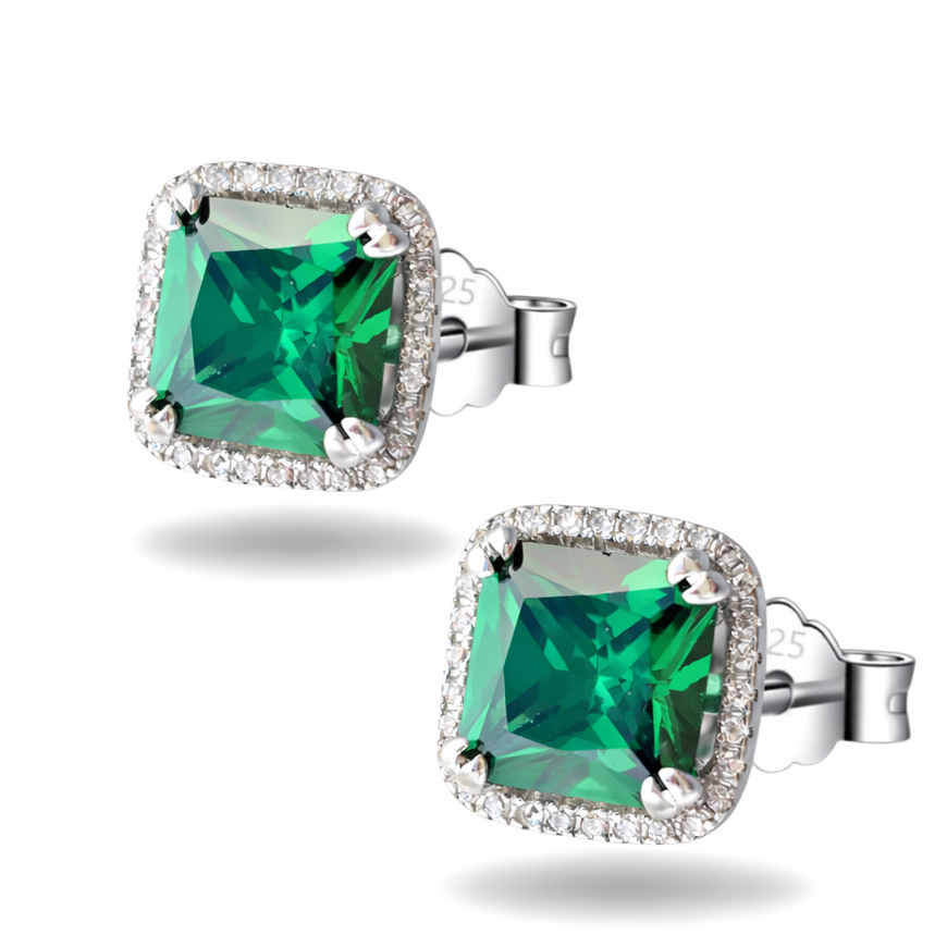 Studs Green Sapphire Cushion Halo