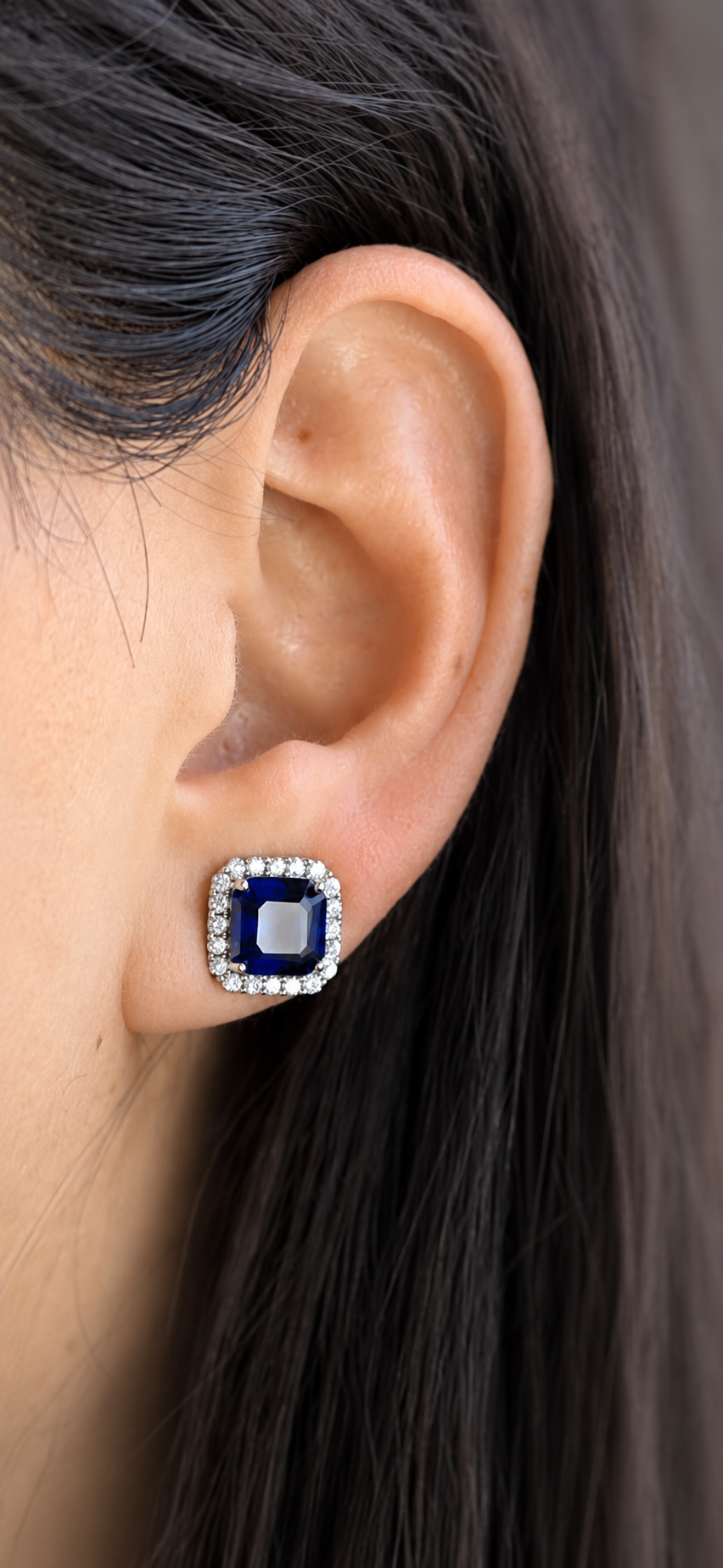 Studs Blue Sapphire Cushion Halo